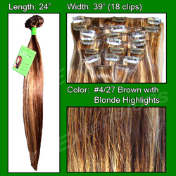 Pro  Great True Human  Hair Extensions #4/27 Dark Brown w/ Golden Blonde Highlights - 24 inch